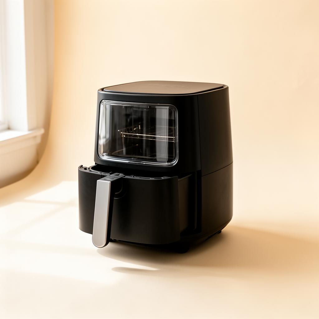 A modern air fryer photographed in soft natural light